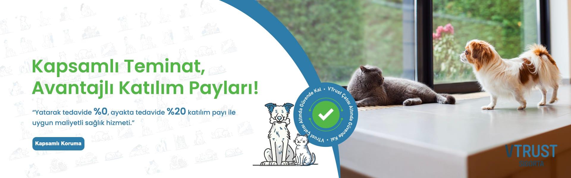 Yatarak tedavide %0, ayakta tedavide %20 katılım paylı kapsamlı pet sigortası teminatı